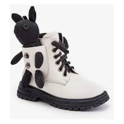 Leather insulated children's ankle boots with zipper with Vinceza bear white