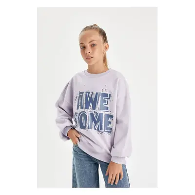 DEFACTO Girl Oversize Wide Pattern Crew Neck Printed Sweatshirt