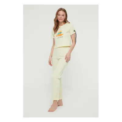 Trendyol Yellow Printed Stripe Knitted Pajamas Set