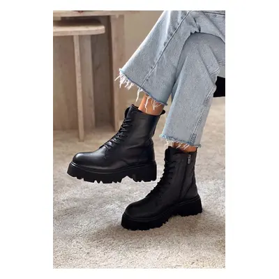 NİŞANTAŞI SHOES Juniper Black Genuine Leather Heeled Lace Up Women's Boots