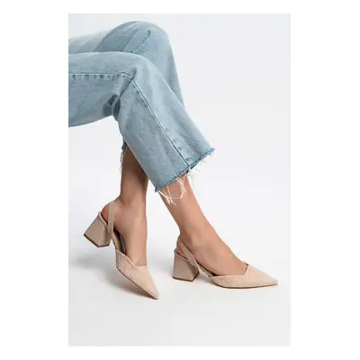 NİŞANTAŞI SHOES Sammy Beige Linen Pointed Toe Chunky Heel Shoes