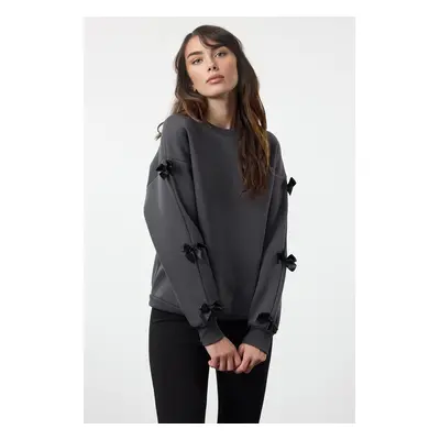 Trendyol Anthracite Bow Detail Oversize/Wide Pattern Thick Polar Fleece Knitted Sweatshirt