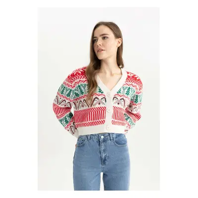 DEFACTO New Year's Themed V-Neck Knitwear Cardigan