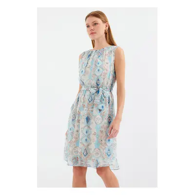 Bigdart Patterned Zero Sleeve Chiffon Dress - Blue