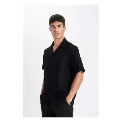 DEFACTO Black Relax Fit Polo Collar Crinkle Short Sleeve Shirt