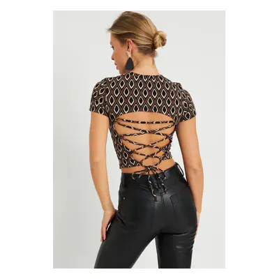 Cool & Sexy Women's Decollete Decollete Crop Blouse Brown