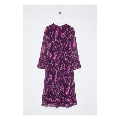 Trendyol Plum Floral Patterned A-Line Stand Collar Midi Lined Chiffon Woven Winter Dress