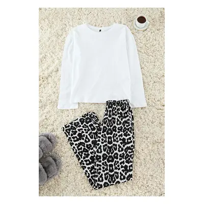 Trendyol White-Black 100% Cotton Leopard Patterned Knitted Pajama Set