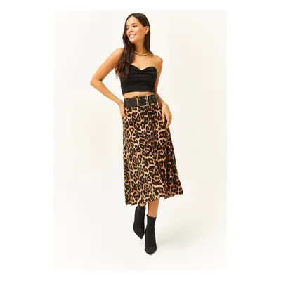 Olalook Women's Beige Leopard Elastic Waist Suede Textured A-Line Skirt