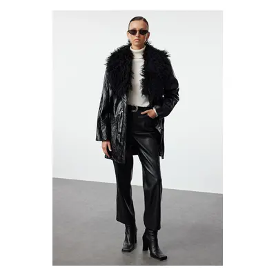 Trendyol Black Oversize Molded Collar Faux Leather Jacket Coat with Fur Detail