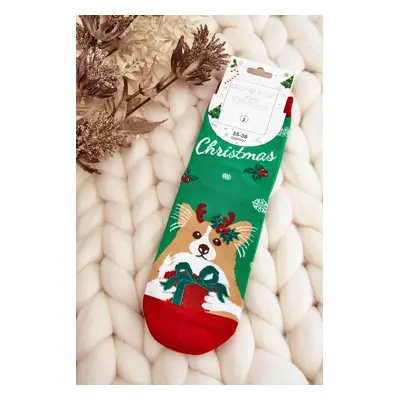 Women's Christmas socks with a dog, green