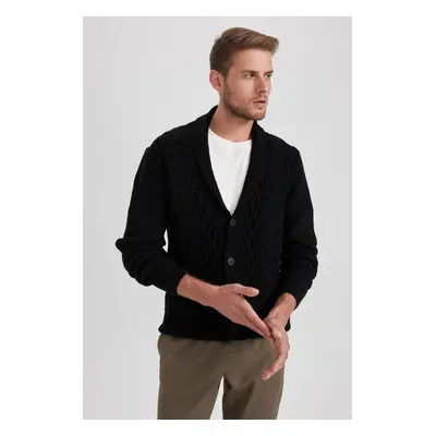 DEFACTO Standard Fit Shawl Collar Knitted Buttoned Black Knit Cardigan