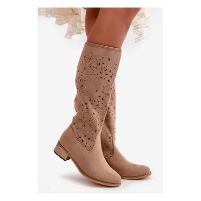 Openwork women's boots on a low heel eco suede fastened with a zipper dark beige orchids