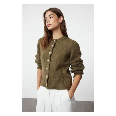 Trendyol Khaki Soft Texture Jewel Buttoned Jacket Look Knitwear Cardigan