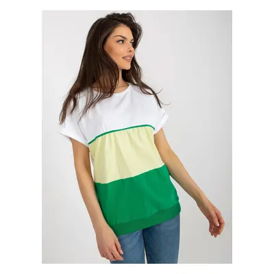 White and green loose basic blouse with short sleeves