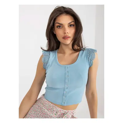 Light blue cotton blouse with ribbed lace