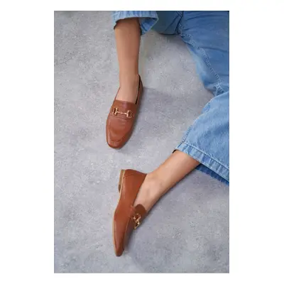 NİŞANTAŞI SHOES Salvar Tan Genuine Leather Accessory Detail Flat Sole Women's Ballerinas