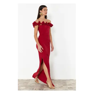 Trendyol Red Fitted Knitted Long Evening Dress