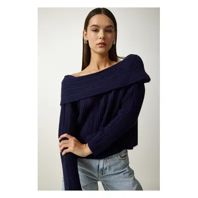 Happiness İstanbul Women's Navy Blue Madonna Collar Knitwear Sweater