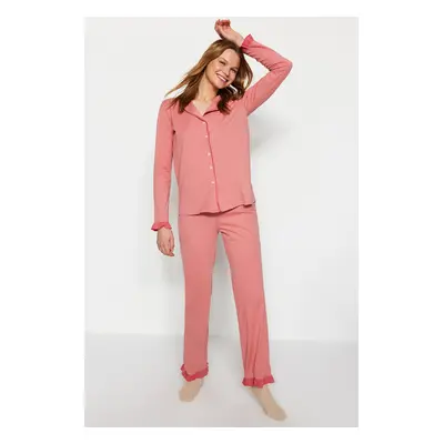 Trendyol Dusty Rose 100% Cotton Ruffled Bias Shirt-Pants Knitted Pajama Set