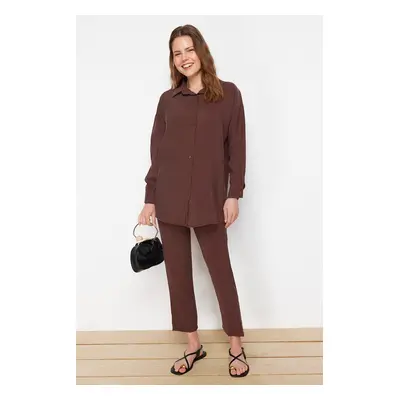 Trendyol Brown Modal Fabric Woven Bottom Top Shirt Pants Set