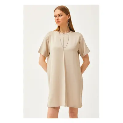 Olalook Women's Beige Front Stitched Soft Textured Mini Dress