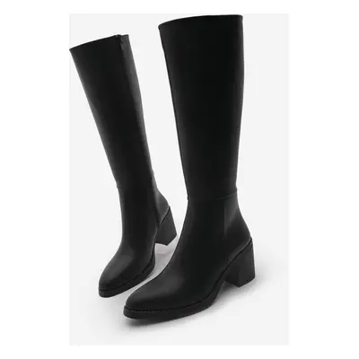 Marjin Women's Thick Heeled Knee High Heeled Boots Aktone Black