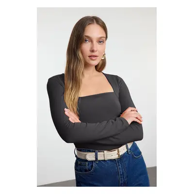 Trendyol Anthracite Square Neck Gathered/Drape Detailed Slim/Fits Body Knitted Blouse