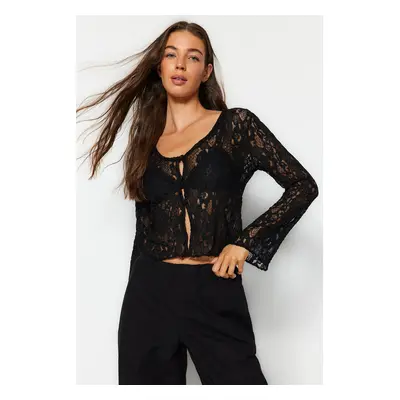 Trendyol Black V-Neck Button Detailed Lace Knitted Blouse