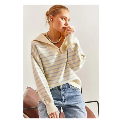 Bianco Lucci Women's Striped Zipper Knitwear Sweater