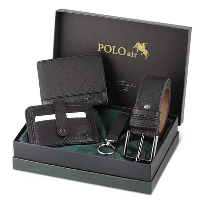 Polo Air Belt, Wallet, Card Holder, Keychain, Black Set in a Gift Box