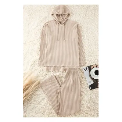 Trendyol Dark Beige Cotton Hooded Ribbed Knitted Pajama Set