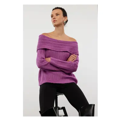 Trendyol Plum Soft Textured Carmen Collar Knitwear Sweater