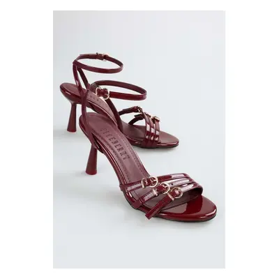 Shoeberry Women's Marlen Claret Red Patent Leather Belt Buckle Heeled Shoes