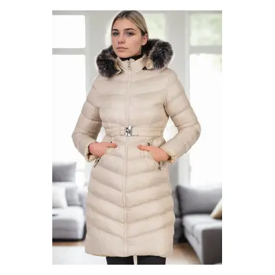 Z6690 DEWBERRY FUR HOODED LADIES' COAT-BEIGE-1