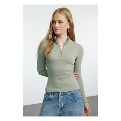 Trendyol Mint Fitted/Fits the Body Zipper Collar Flexible Knitted Blouse