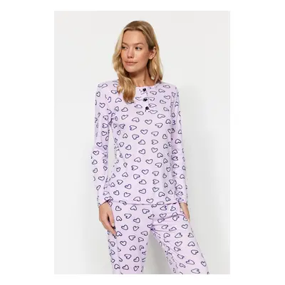 Trendyol Lilac Cotton Heart Patterned Tshirt-Pants Knitted Pajamas Set