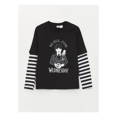 LC Waikiki Crew Neck Wednesday Printed Long Sleeve Girls T-Shirt