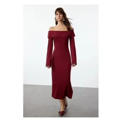 Trendyol Claret Red Fitted Carmen Neck Soft Textured Midi Stretchy Knitted Pencil Dress