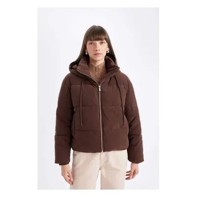 DEFACTO Dfc - Velvet Puffer Jacket with Hooded Zipper Pockets