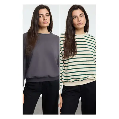 Trendyol Anthracite-Green Striped 2-Pack Regular/Normal Pattern Knitted Sweatshirt