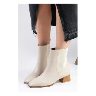 Mio Gusto Shania Beige Color Thin Fur Lined Elastic Flat Toe Women's Heeled Boots