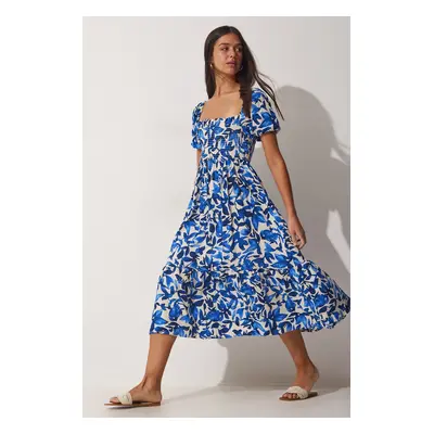 Happiness İstanbul Women's Blue Floral Patterned Summer Viscose Dress