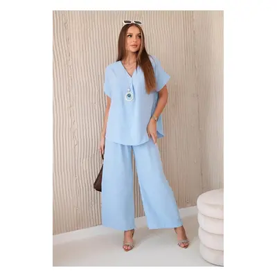 Women's Summer Set with Necklace Blouse + Trousers - Light Blue