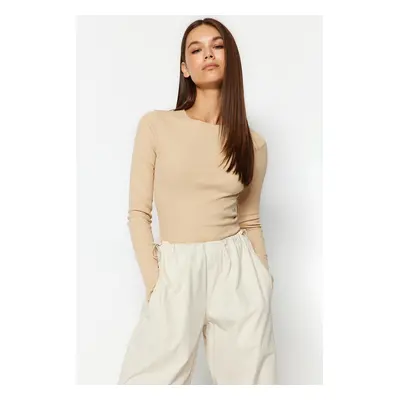 Trendyol Beige Ribbed Crew Neck Fitted Cotton Stretch Knitted Blouse