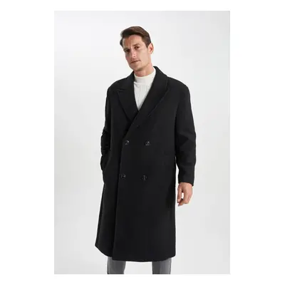 DEFACTO Men's Black Regular Fit Lined Buttoned Pocket Cashmere Coat Parka