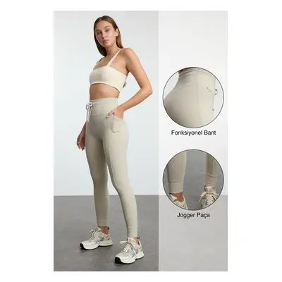 Trendyol Stone Brushed Soft Fabric Pocket and Tie Detailed Full Length Knitted Sports Leggings