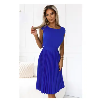 311-16 LILAC Pleated dress with short sleeves and belt - BLUE