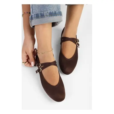 Shoeberry Women's Fiesty Brown Suede Double Strap Ballerinas