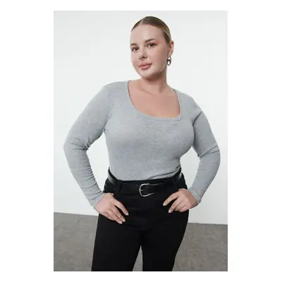 Trendyol Curve Gray Camisole Round Neck Fitted Basic Knitted Plus Size Blouse